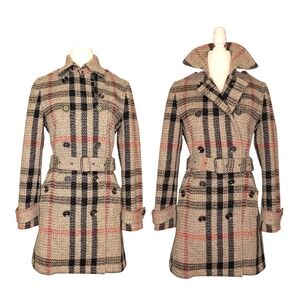 Burberry Brit Nova Check Plaid Double Breasted Wool Trench Coat Tan Navy 6 | S